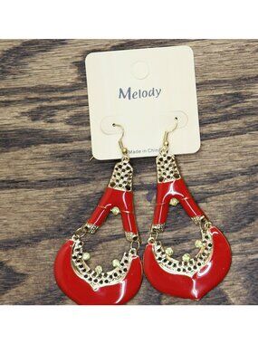 NWT Melody Dangly Decorative Tear Drop Rhinestone Earrings Gold / Red 3.50"